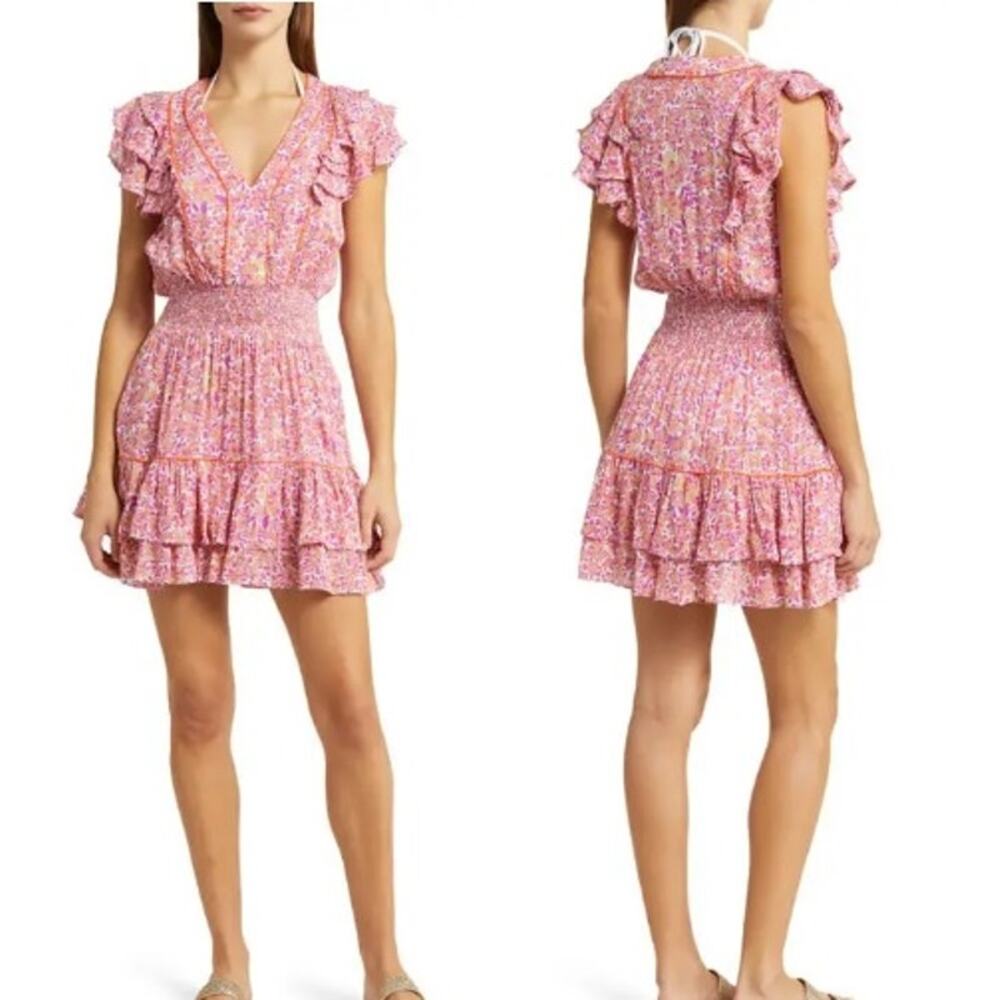 Poupette St Barth Camila Floral Print Smocked Mini Dress Pink Womens Size XS/S